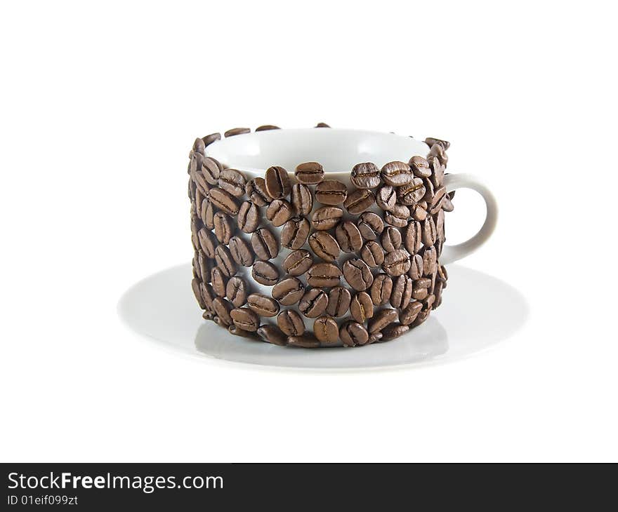 Empty  cup of coffee, original decorated by  coffee beans( grains). Isolated on white. Empty  cup of coffee, original decorated by  coffee beans( grains). Isolated on white.