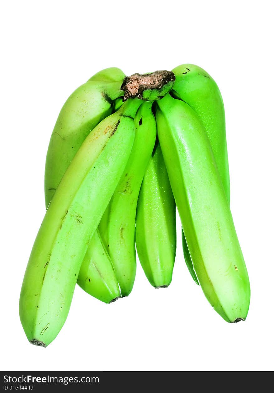 Green bananas isolated on white background, unripe fruits