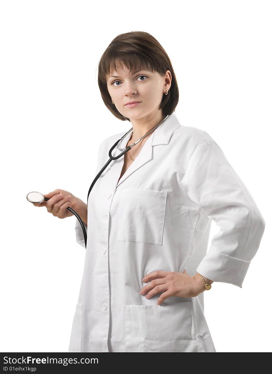 Young female nurse with stethoscope over white background