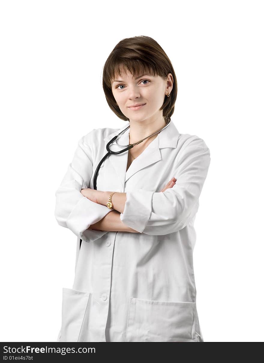 Female nurse with stethoscope over white background