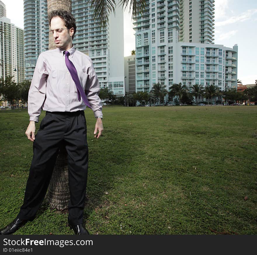 Businessman standing by a tree in the park. Businessman standing by a tree in the park