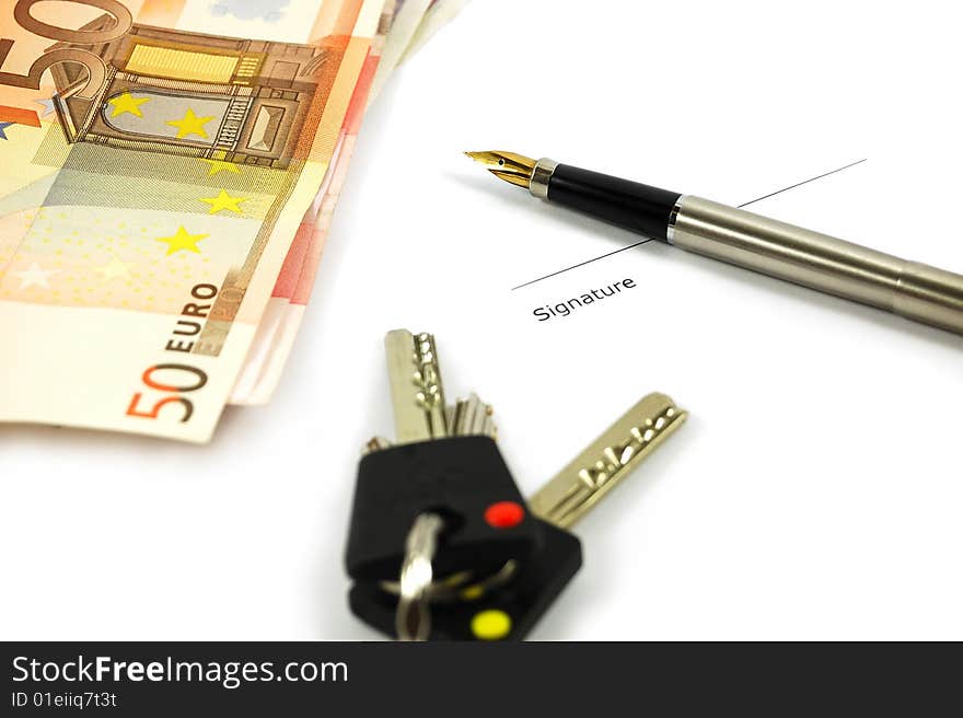 Bank notes, keys and a gold nibbed pen on a document. Mortgage concept. Bank notes, keys and a gold nibbed pen on a document. Mortgage concept.