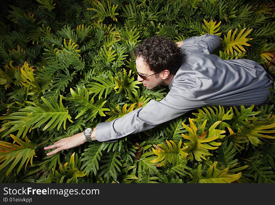 Businessman swimming through the bushes. Businessman swimming through the bushes