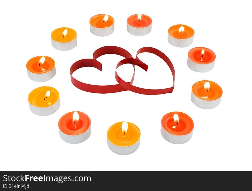 Small Light Candles,two Red  Hearts, On White.