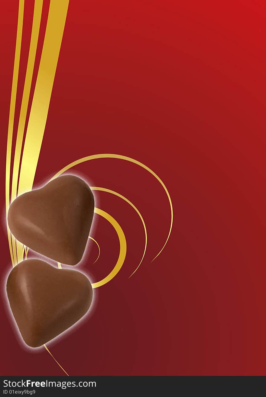 Two chocolate hearts on red background