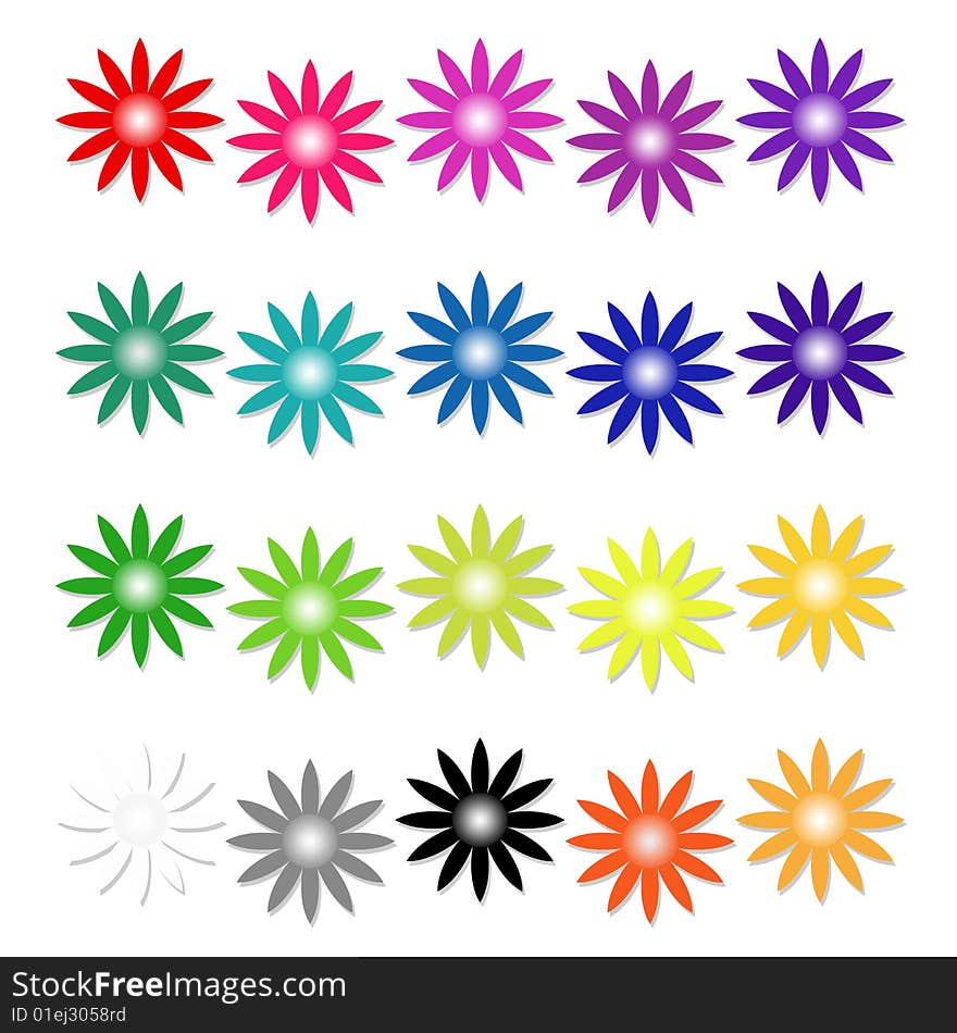 Twenty isolated rainbow colored flowers. Twenty isolated rainbow colored flowers