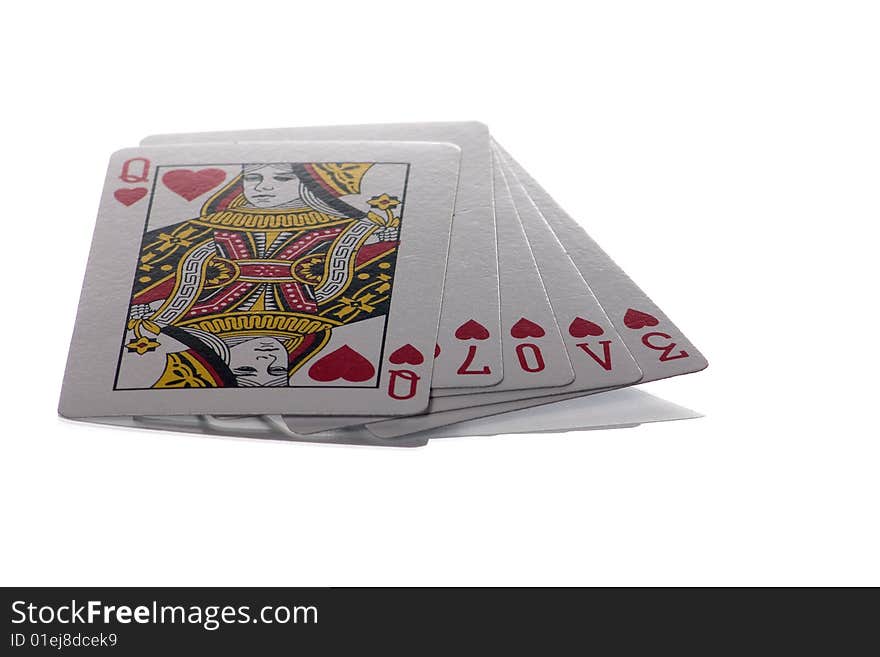 5 heart playing cards showing the queen and then the word love. 5 heart playing cards showing the queen and then the word love