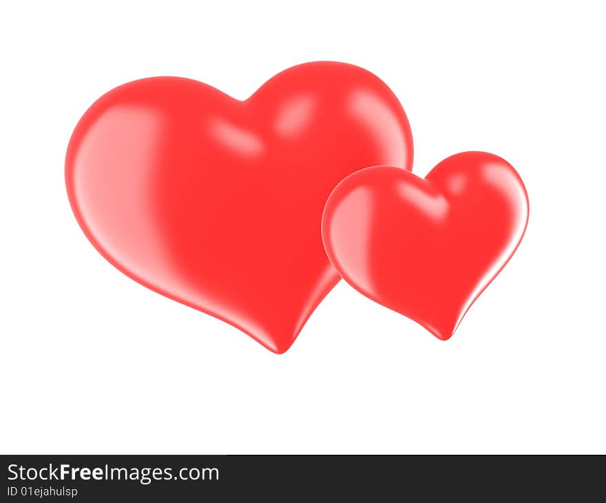 Two red hearts on a white background. 3d render