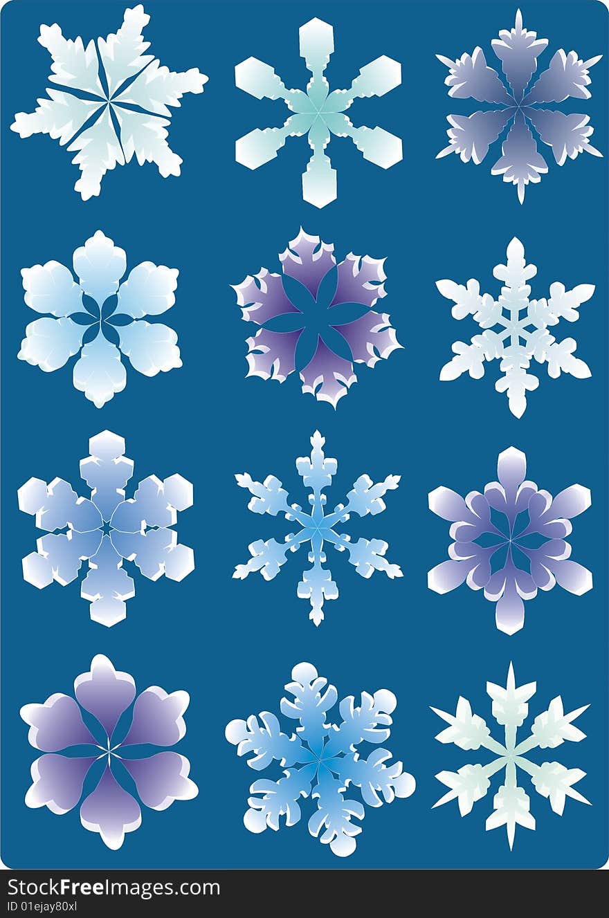 Icon set of 12 different snowflakes