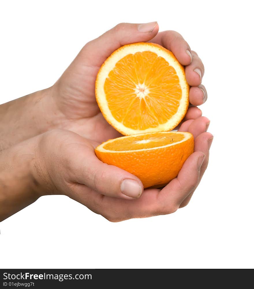 Close up of hand holding halves of orange