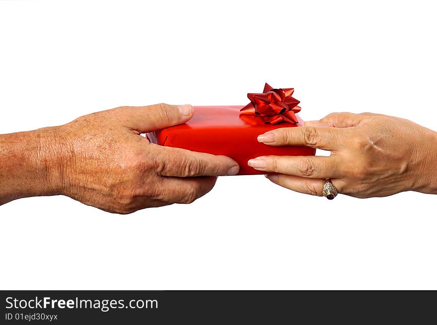 A male giving a gift a female