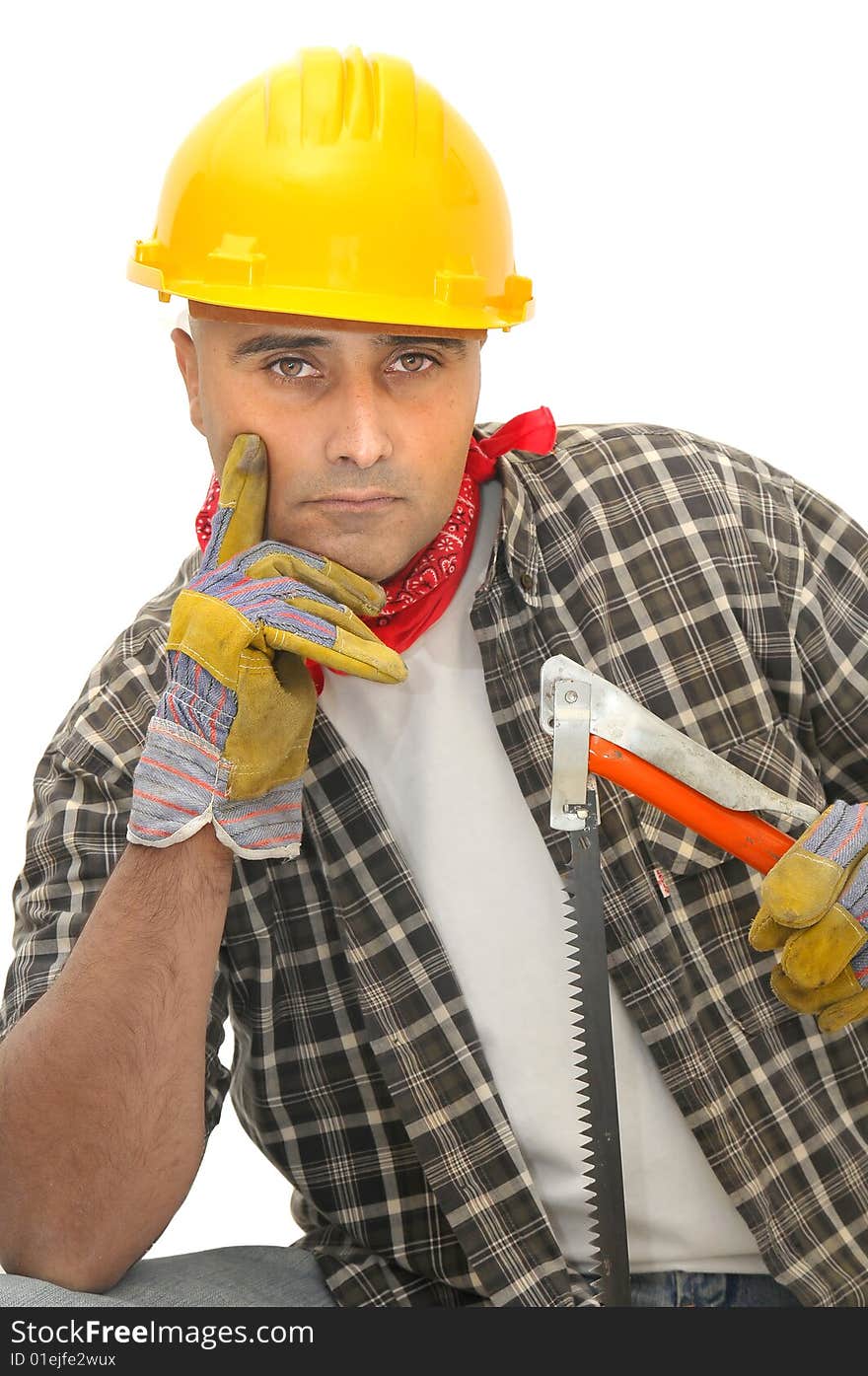 Worker with saw isolated against a white background