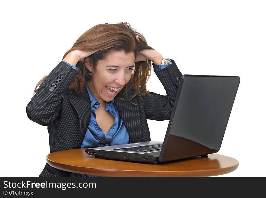 Business woman with laptop isolated against a white background. Business woman with laptop isolated against a white background