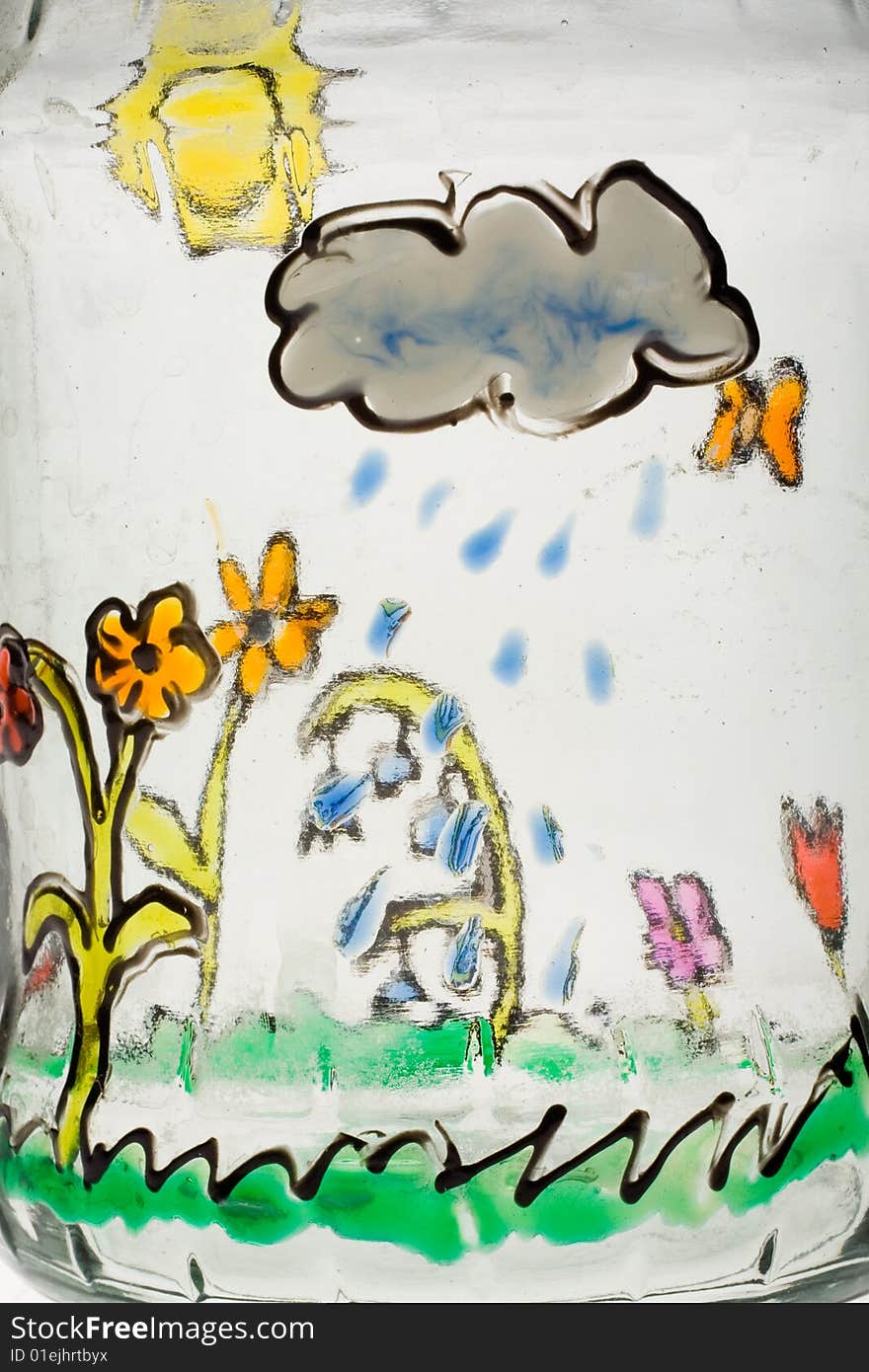 Hand painted glass (flowers, sun, cloud, rain)