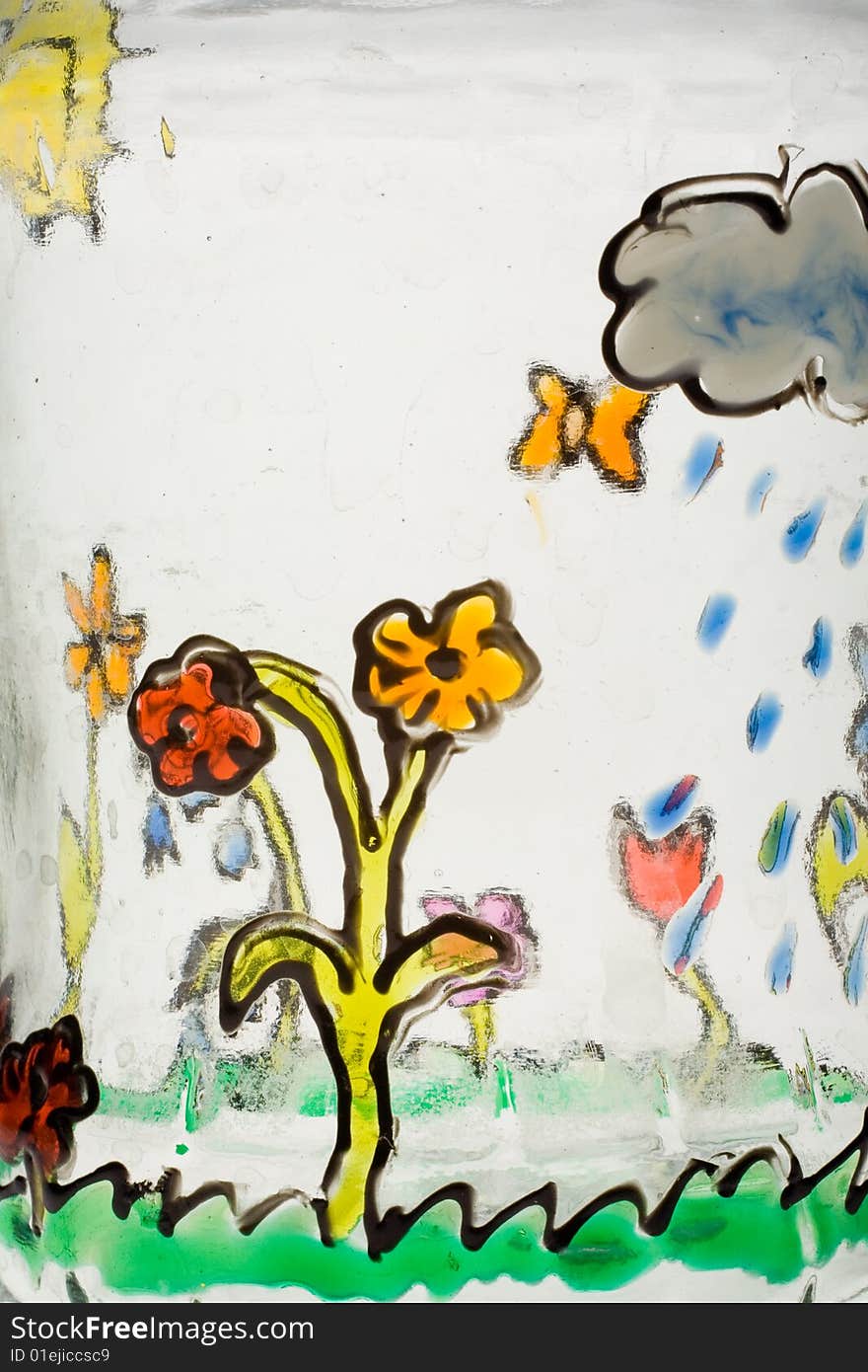 Hand painted glass (flowers, sun, cloud, rain)