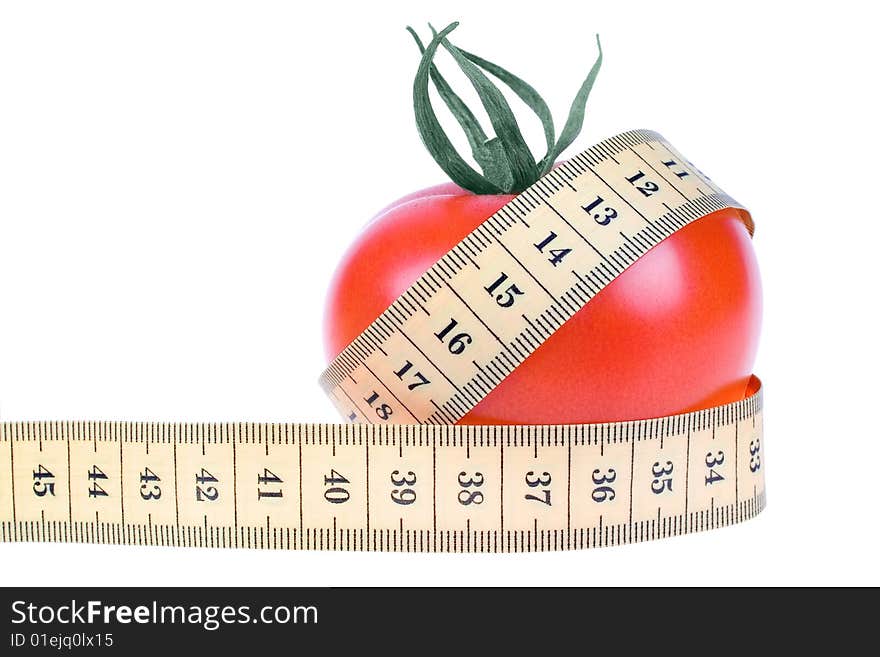 Fresh Tomato with measuring tape on white background