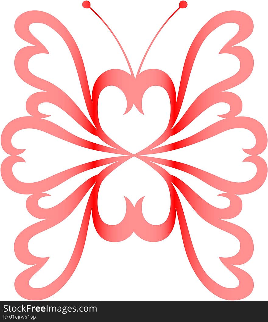 The abstract image of the butterfly made of hearts, painted in a gradient red - pink. The abstract image of the butterfly made of hearts, painted in a gradient red - pink.