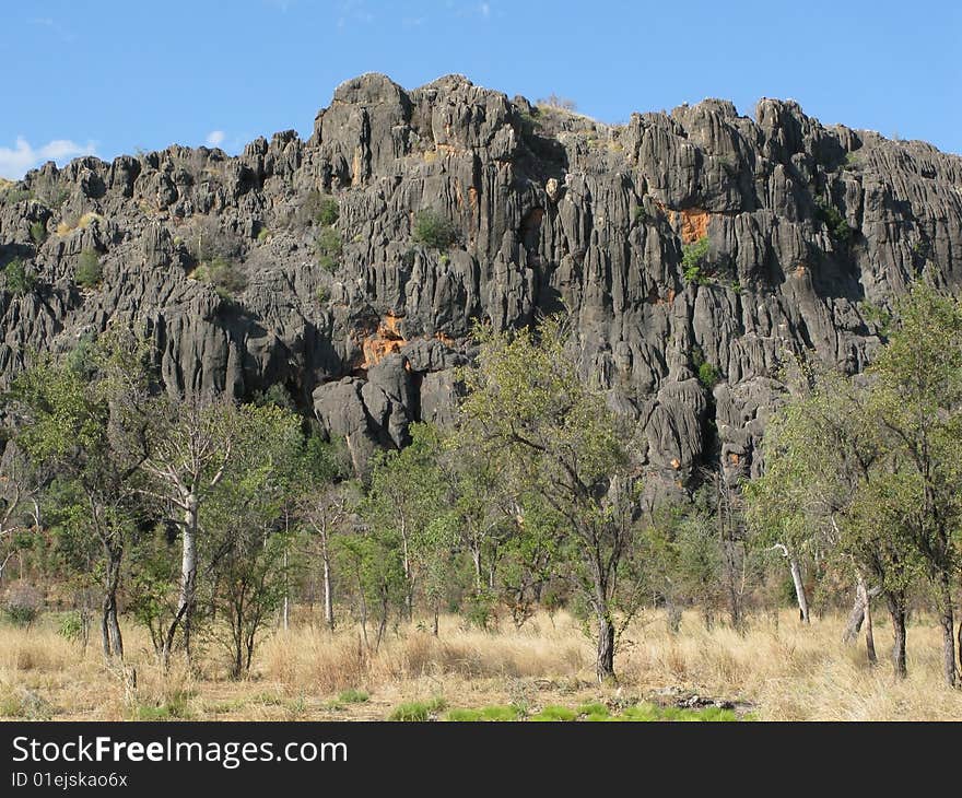 Australian landscape with geological feature of rock formations and specific vegetation. Windiana Gorge National Park, Western Australia, Australia.