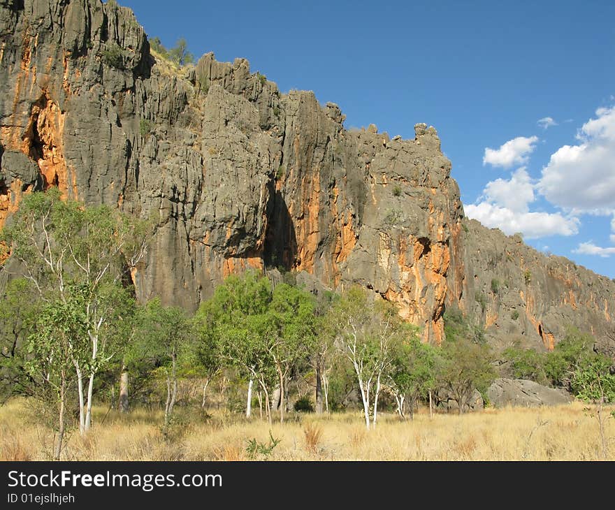 Australian landscape with geological feature of rock formations and specific vegetation. Windiana Gorge National Park, Western Australia, Australia.