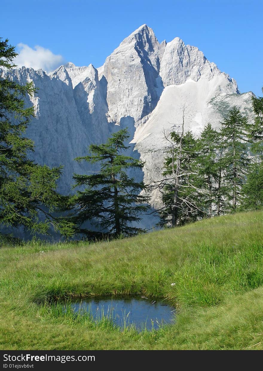 Beautiful green meadow with small pond against mighty mountain peak Jalovec surrounded with azure clear sky. Julian Alps. Slovenia. Beautiful green meadow with small pond against mighty mountain peak Jalovec surrounded with azure clear sky. Julian Alps. Slovenia.