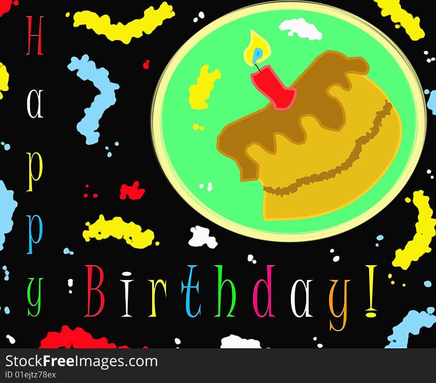 A happy birthday card with a funny chocolate cake, on the right up corner, with a red candle upon the chocolate cream, all surrouded by multicolor cream drops on a black background. Digital drawing. Coloured picture. A happy birthday card with a funny chocolate cake, on the right up corner, with a red candle upon the chocolate cream, all surrouded by multicolor cream drops on a black background. Digital drawing. Coloured picture.