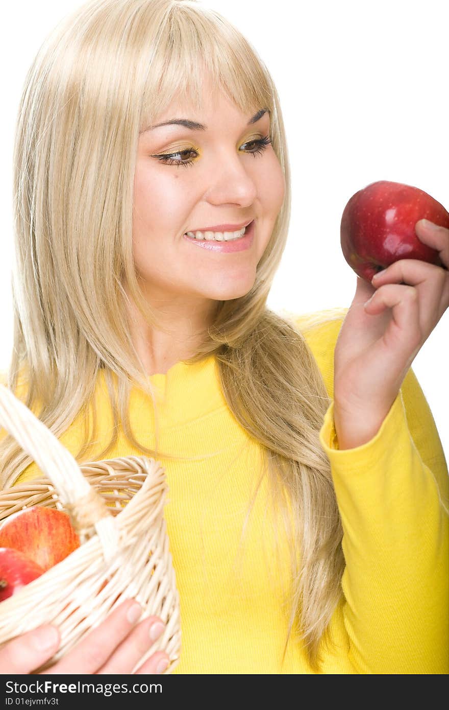 Attractive woman with apple. over white background. Attractive woman with apple. over white background