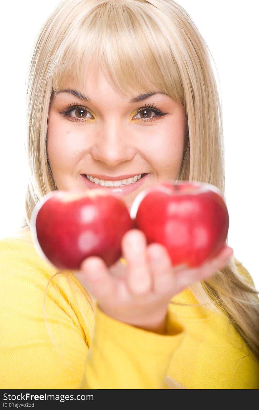 Attractive woman with apple. over white background. Attractive woman with apple. over white background