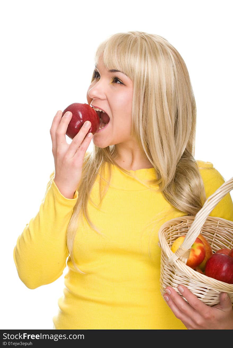 Attractive woman with apple. over white background. Attractive woman with apple. over white background