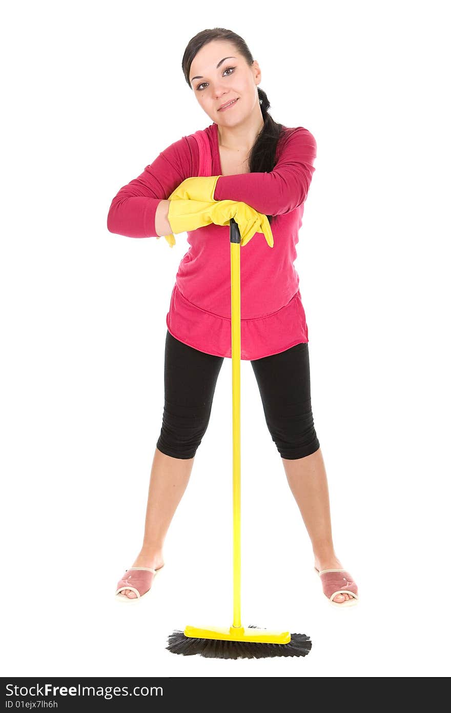 Attractive brunette woman doing housework