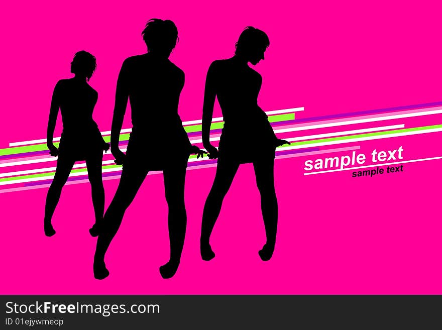 Dance party on pink background, three female silhouettes