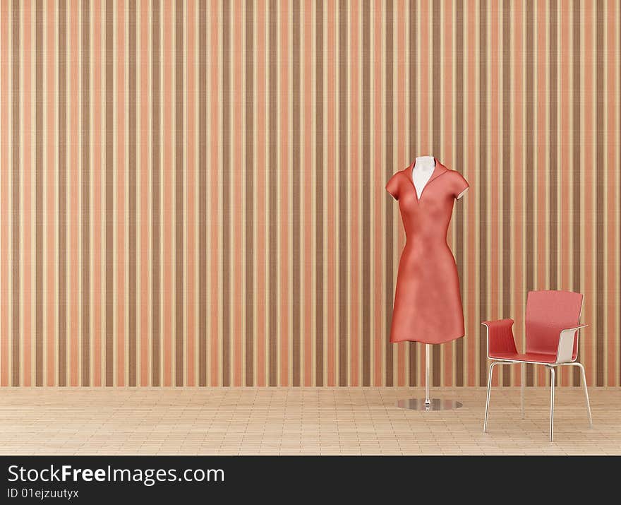 Red dress, chair and dummy. Red dress, chair and dummy