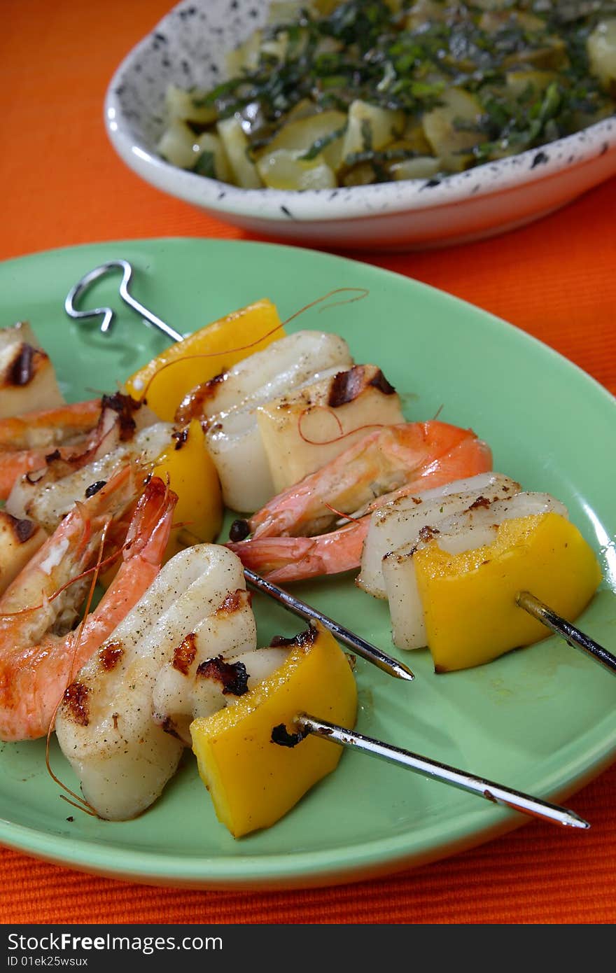 Shrimp, Squid And Yellow Pepper Skewers