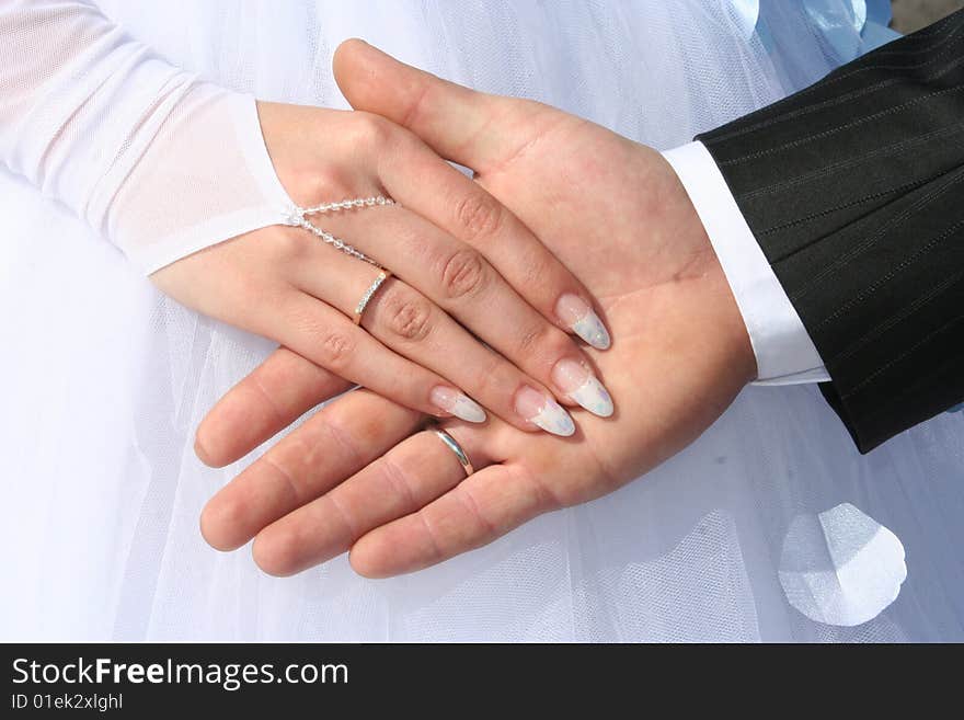 Two palms together. It is man's and female palms. There are wedding rings on their fingers. Two palms together. It is man's and female palms. There are wedding rings on their fingers.