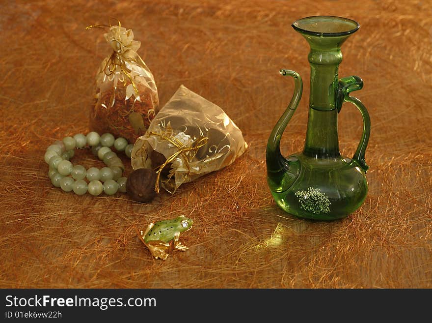 Still-life with the Arabian jug green and gold tones