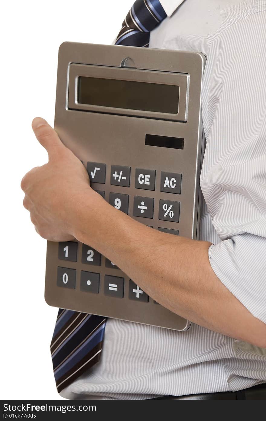 Businessman with gigantic pocket calculator, young man regard calculator