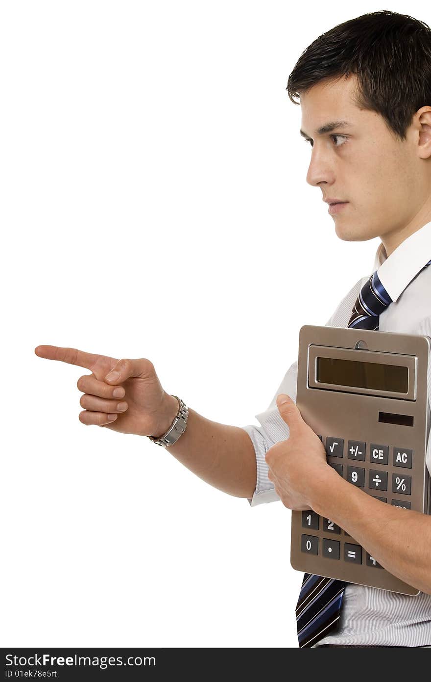 Businessman with gigantic pocket calculator, young elegant man calculating