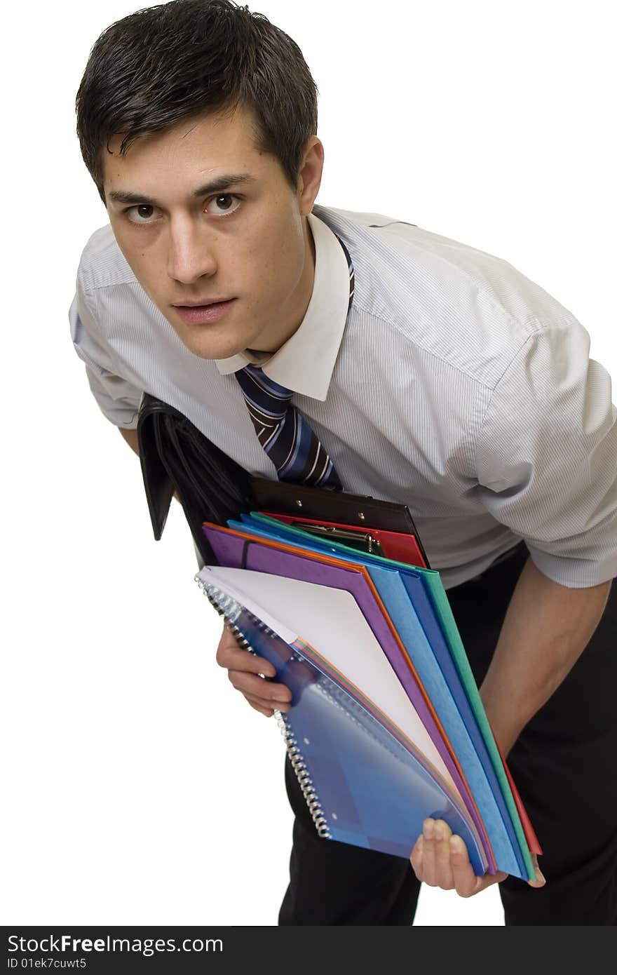 Student with documents, young man with tie and office material