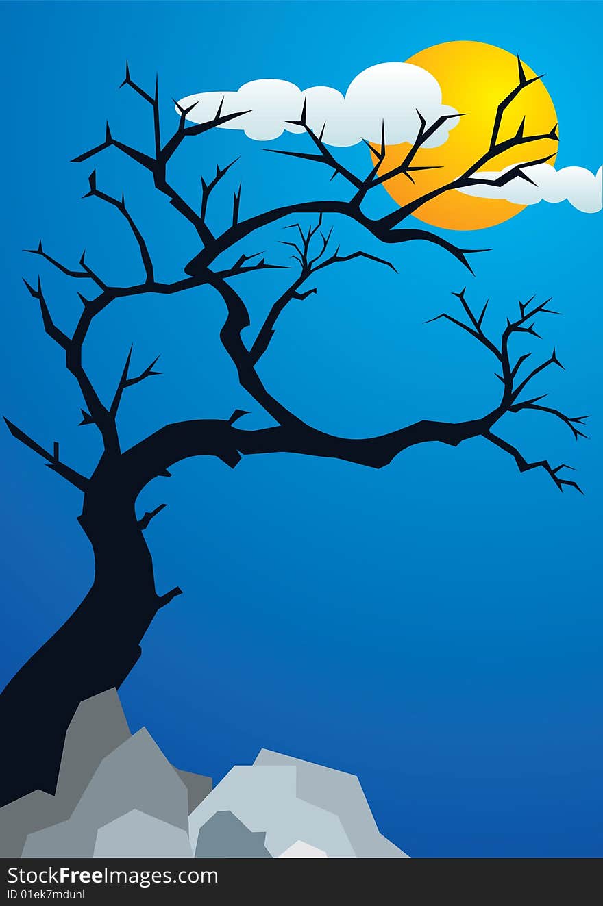 A vector illustration, tree at cloudy night. A vector illustration, tree at cloudy night