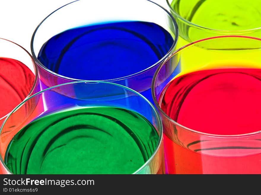 Glass with drink red,blue,green color. Glass with drink red,blue,green color