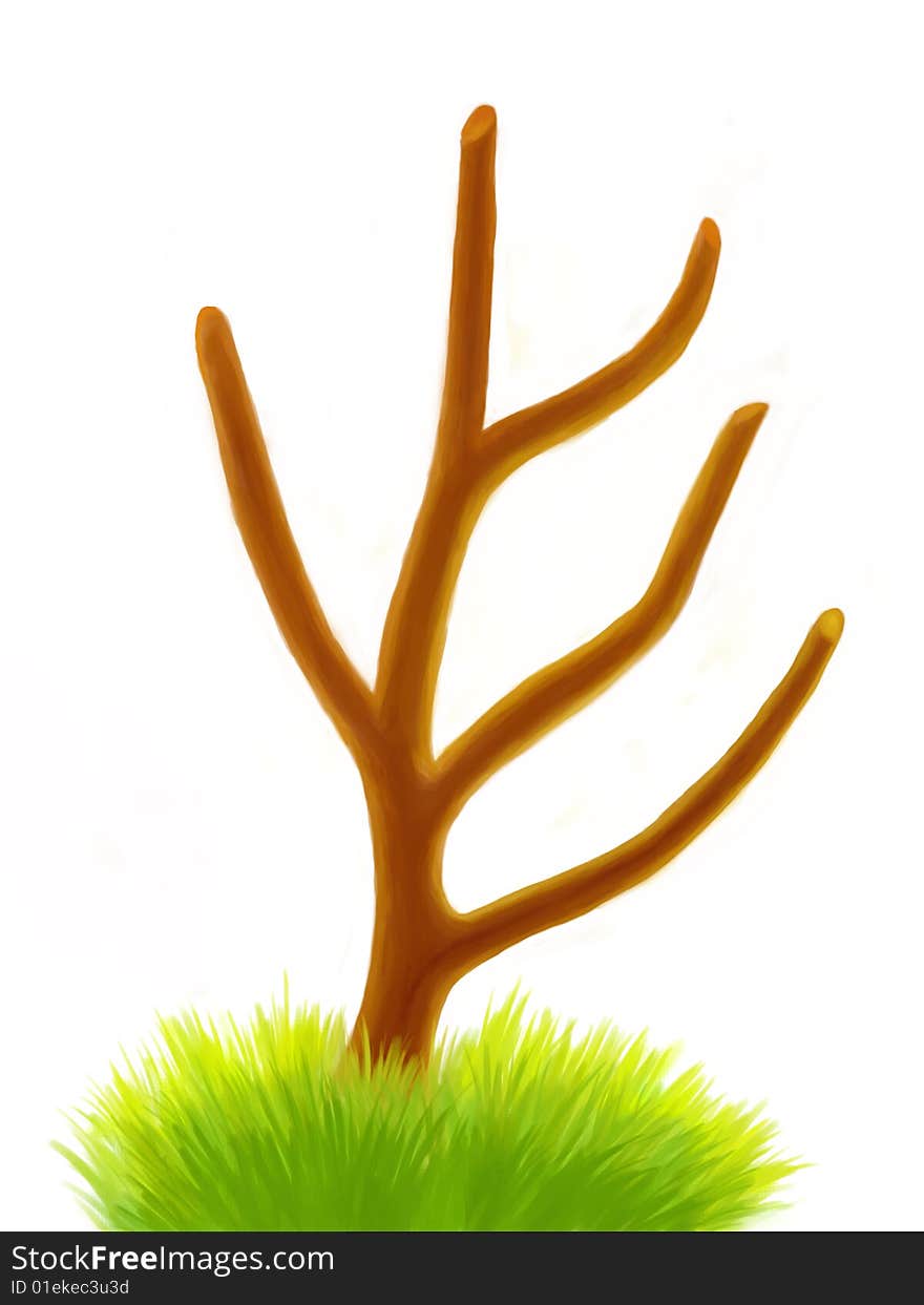 Surreal tree and grass on white background