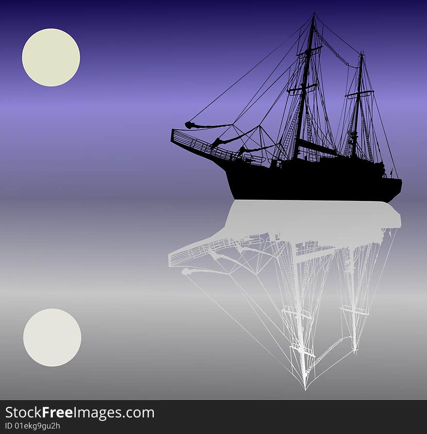 Ship silhouette under moon