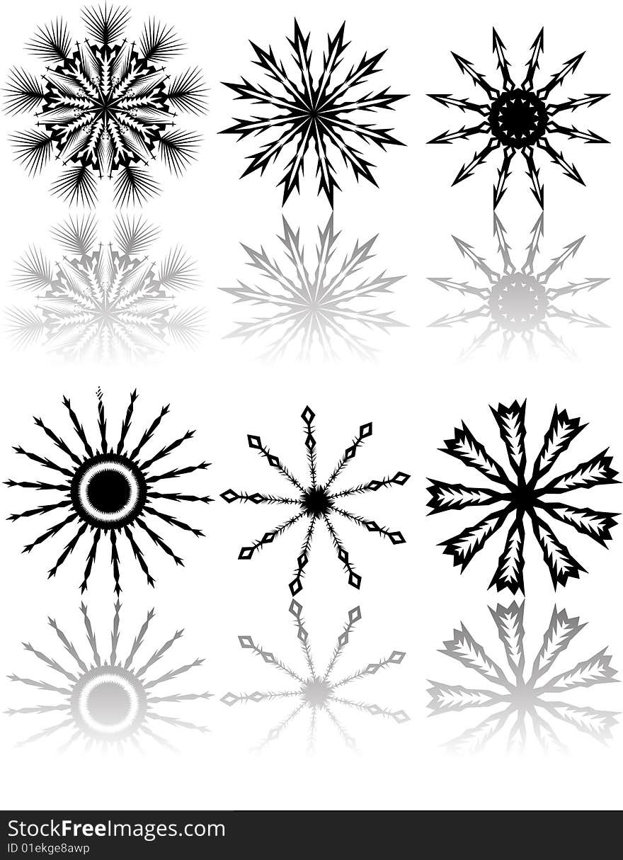 Reflection of six snowflakes