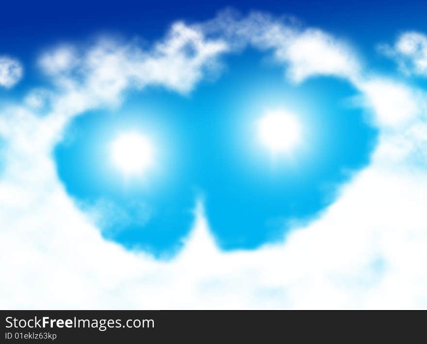 Two heart shaped on the sky trough the clouds with the sun shining trough it. Two heart shaped on the sky trough the clouds with the sun shining trough it.