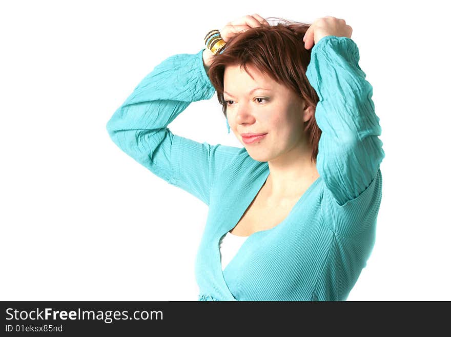 Amazed smiling woman isolated over white