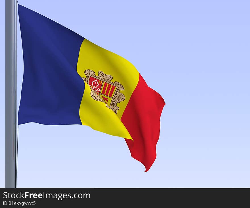 Andorra flag in wind on blue background