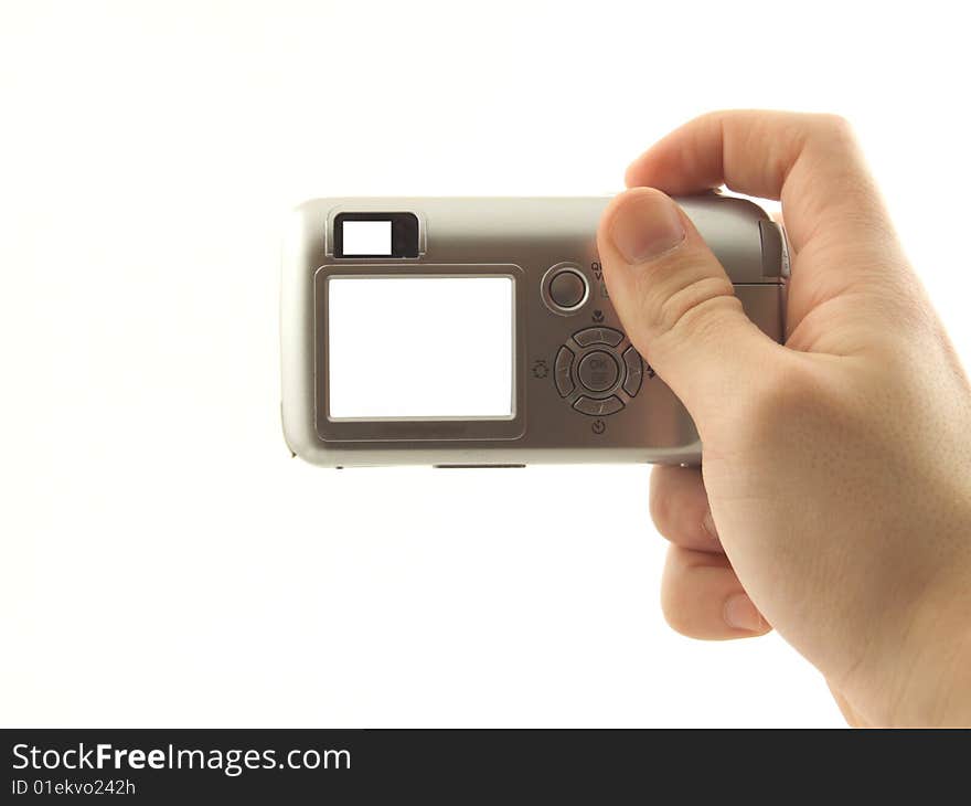 Digital camera on white background