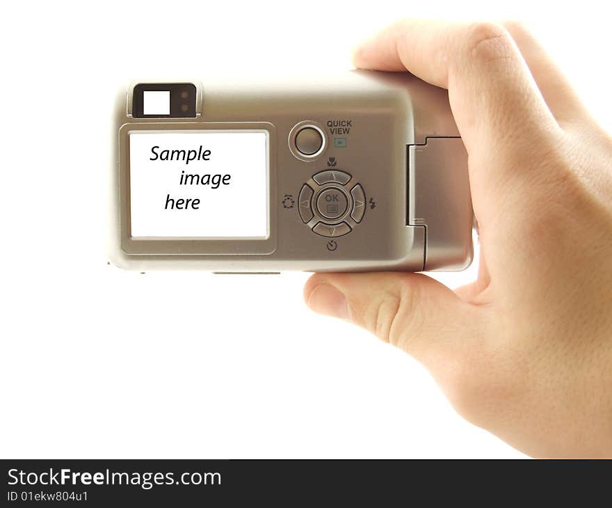 Digital camera on white background