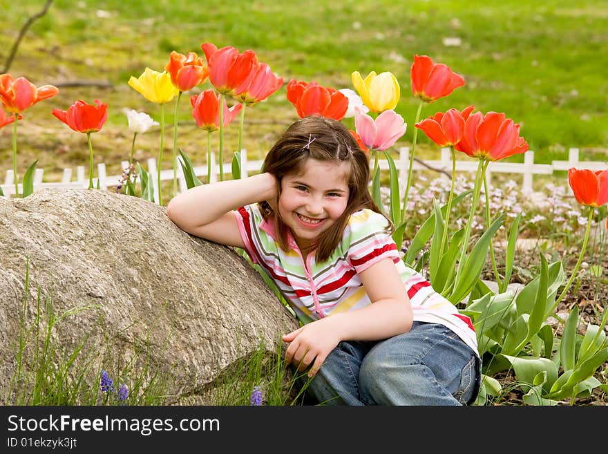 Little Girl in a Field of Tulips. Little Girl in a Field of Tulips