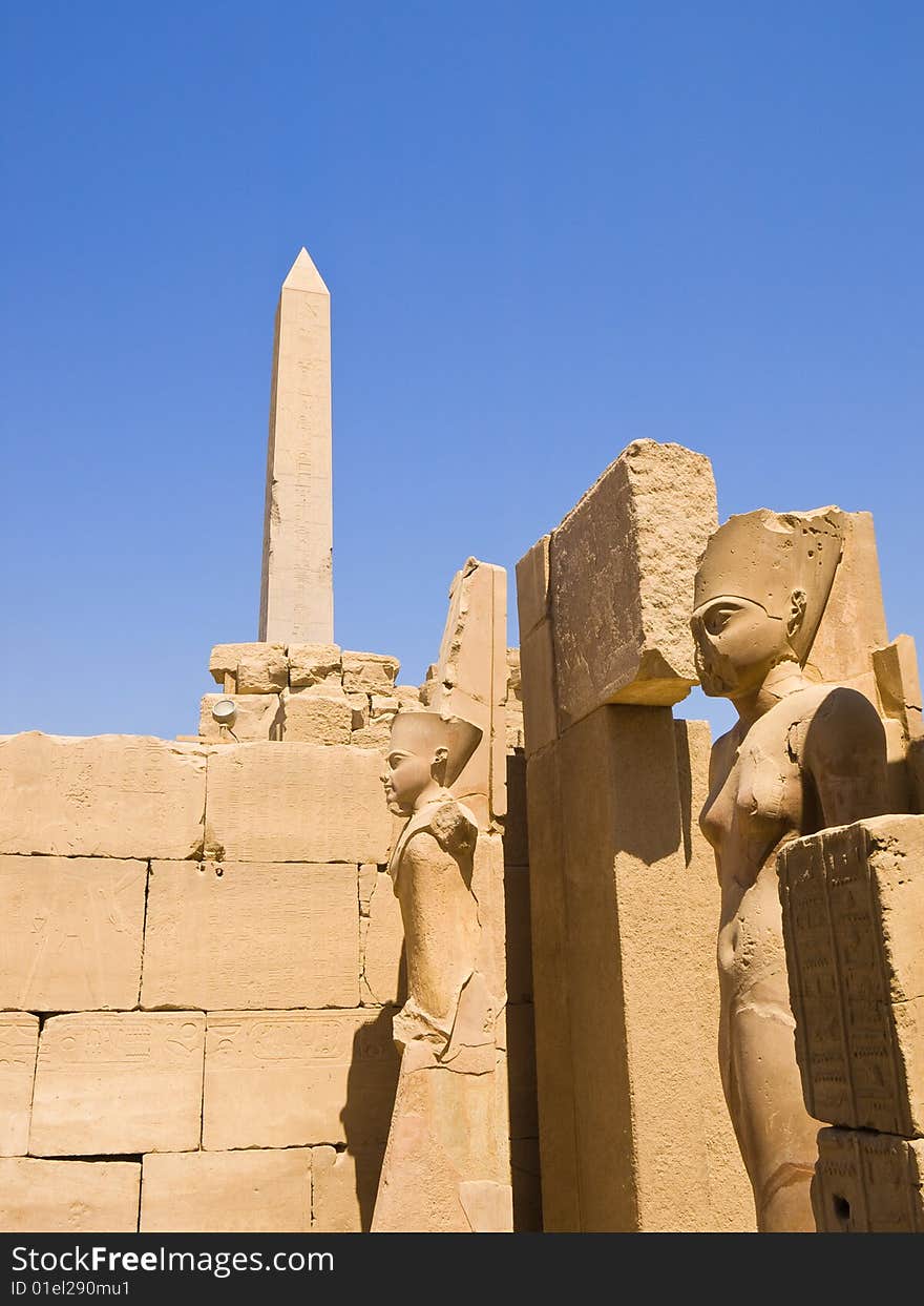 Statues and obelisc at Karnak Temple. Thebes. Egypt series