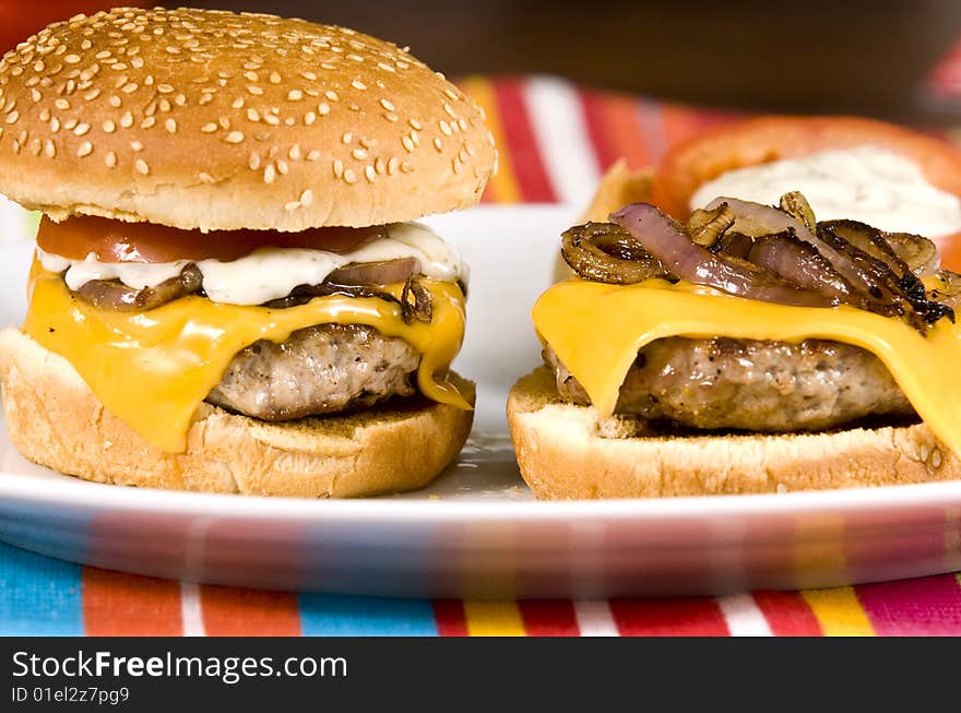 Cheeseburger with fried onions tomato and white sauce. Cheeseburger with fried onions tomato and white sauce